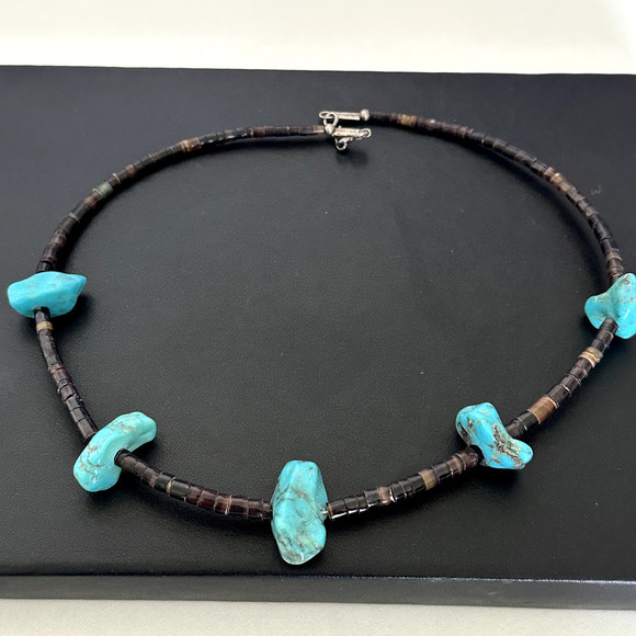 Vintage 925 Sterling Silver Turquoise Nugget Heishi Bead Southwestern Necklace - Picture 1 of 12